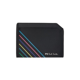 Black Leather Sports Stripe Credit Card Holder 241422M163000