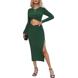 Pink Queen 2 Piece Outfits For Women Long Sleeve Twist Cropped Bodycon Knit Top and Slit Midi Skirt Set