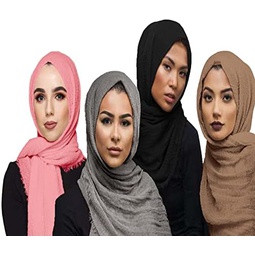 QYMY 4pcs Set Hijab Muslim Head Scarf Solid Color Long Scarf Wrap Scarves Cotton Scarf for Women Fashion L70.7”xW35.4” QY414