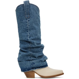 Blue & White Mid Cowboy Denim Sleeve Boots 241021F115001