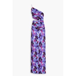 One-shoulder floral-print plisse-chiffon gown
