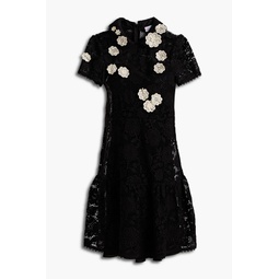 Floral-appliqued guipure lace mini dress