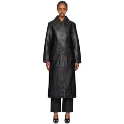 Black Semi-Fitted Leather Coat 232985F059001