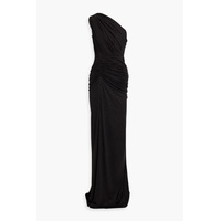 One-shoulder ruched glittered jersey gown