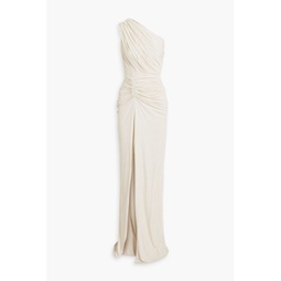 One-shoulder ruched glittered jersey gown