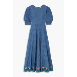 Kristen tiered embroidered cotton-chambray maxi dress