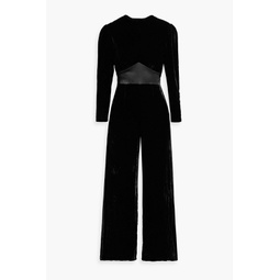 Satin-trimmed draped velvet wide-leg jumpsuit