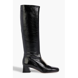 Buckle-embellished textured patent-leather knee boots