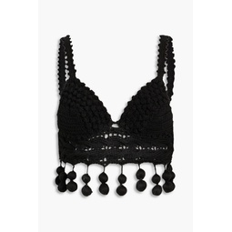 Pompom-trimmed crocheted cotton bra top