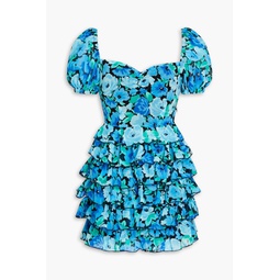 Ruffled floral-print chiffon mini dress