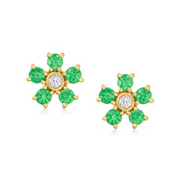 ross-simons emerald flower earrings with diamond accents in 14kt yellow gold