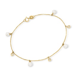 by ross-simons 4.5mm cultured pearl and diamond-accented bracelet in 14kt yellow gold