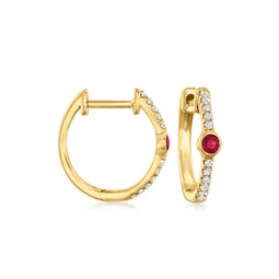 ross-simons ruby and diamond-accented huggie hoop earrings in 14kt yellow gold