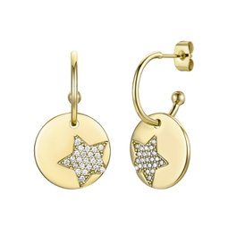 rg 14k gold plated with diamond cubic zirconia round heart charm dangle c-hoop earrings