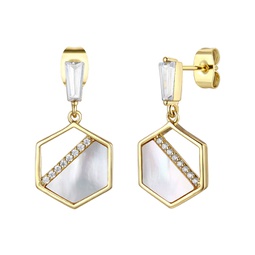 rg 14k gold plated with mother of pearl & diamond cubic zirconia hexagon dangle earrings
