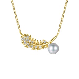 rg 14k gold plated with diamond cubic zirconia & faux pearl fern leaf pendant necklace
