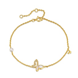 ra 14k yellow gold plated with mother of pearl & diamond-like cubic zirconia butterfly charm rope bracelet w/ adjustable extension chain
