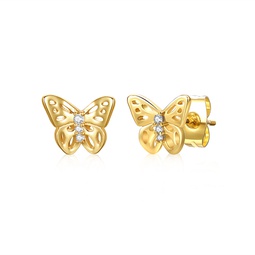 ra 14k yellow gold plated with ruby cubic zirconia 3-stone filigree butterfly stud earrings