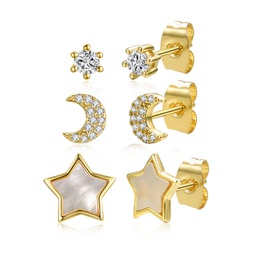 14k yellow gold plated with mother of pearl & diamond cubic zirconia solitaire star & crescent moon astrological zodiac galaxy 3-piece stud earrings set