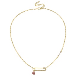 rg childrens 14k gold plated with ruby & diamond cubic zirconia heart charm dangle paperclip adjustable length necklace