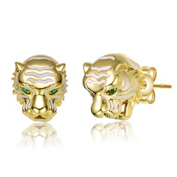 rg 14k yellow gold plated with emerald cubic zirconia white enamel roaring tiger head 3d stud earrings
