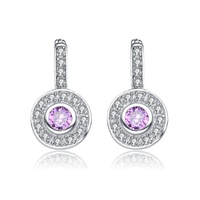 white gold plated round dangle earrings with pink cubic zirconia