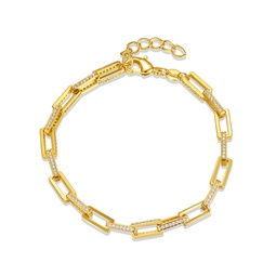 rg 14k gold plated with diamond cubic zirconia rectangular cable link adjustable bracelet