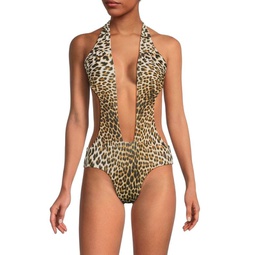 Leopard Print Cutout One-Piece Swimsuit
