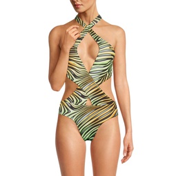 Zebra Print Cutout One-Piece Swimsuit