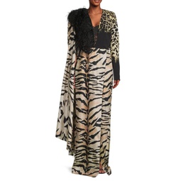 Animal Print Ostrich Feather Gown