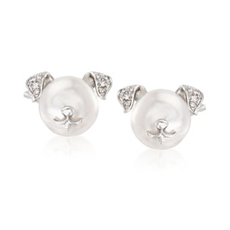 8-8.5mm cultured pearl dog earrings with diamond accents in sterling silver