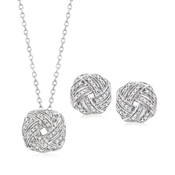 diamond love knot jewelry set: earrings and pendant necklace in sterling silver