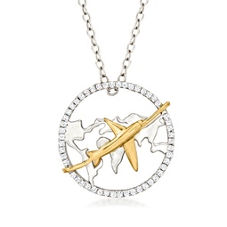 diamond airplane and globe pendant necklace in 2-tone sterling silver