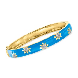diamond flower bangle bracelet with blue enamel in 18kt gold over sterling