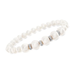 6-8.5mm cultured pearl and . diamond stretch bracelet in sterling silver