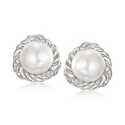 8-8.5mm cultured pearl earrings with diamond accents in sterling silver