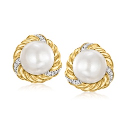 8-8.5mm cultured pearl earrings with diamond accents in 18kt gold over sterling