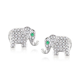 diamond elephant earrings with emerald accents in sterling silver