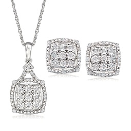 diamond jewelry set: square earrings and pendant necklace in sterling silver