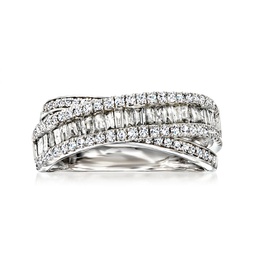 baguette and round diamond crossover ring in sterling silver