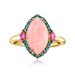 pink opal, rhodolite garnet and . blue diamond ring in 14kt yellow gold