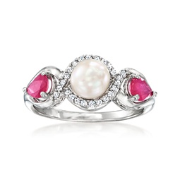 6-6.5mm cultured pearl and ruby ring with . diamonds in sterling silver