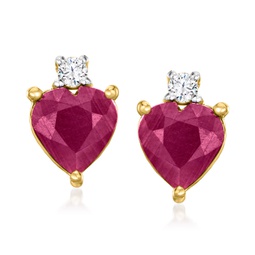 ruby heart earrings with diamond accents in 14kt yellow gold