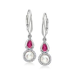 5-5.5mm cultured pearl and . ruby drop earrings with . diamonds in sterling silver