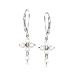 3-3.5mm cultured pearl cross drop earrings with diamond accents in sterling silver