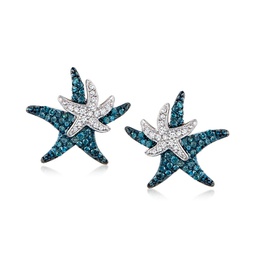 blue and white diamond starfish earrings in sterling silver