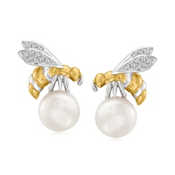 8-8.5mm cultured pearl bee earrings with diamond accents in sterling silver and 18kt gold over sterling