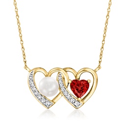 5-5.5mm cultured pearl and . garnet heart necklace with . diamonds in 14kt yellow gold