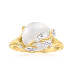 11-11.5mm cultured pearl leaf ring with diamond accents in 18kt gold over sterling.