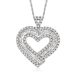 baguette and round diamond heart pendant necklace in sterling silver